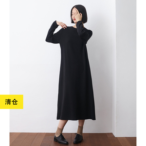 瑕疵清仓 / 宽松圆领长款连衣裙 小鱼百搭针织棉长袖长裙打底裙子
