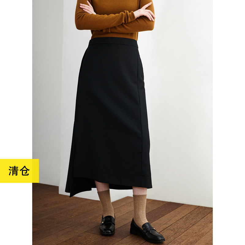清仓/法国貂绒薄羊毛设计感西装裙 小鱼秋冬黑原创百搭气质半身裙