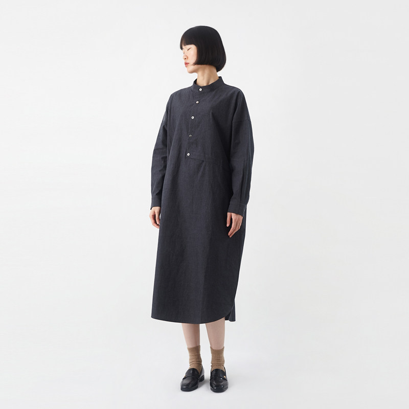 文艺纯棉设计感气质连衣裙 小鱼春秋季立领长袖复古宽松衬衫长裙