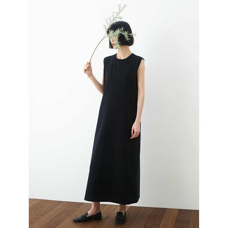显瘦黑色针织棉宽松长款背心裙 小鱼春夏季新款纯色无袖连衣长裙