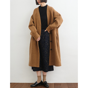 驼色羊毛呢绒气质长外套 小鱼秋冬季长袖大码女纯色长款文艺大衣