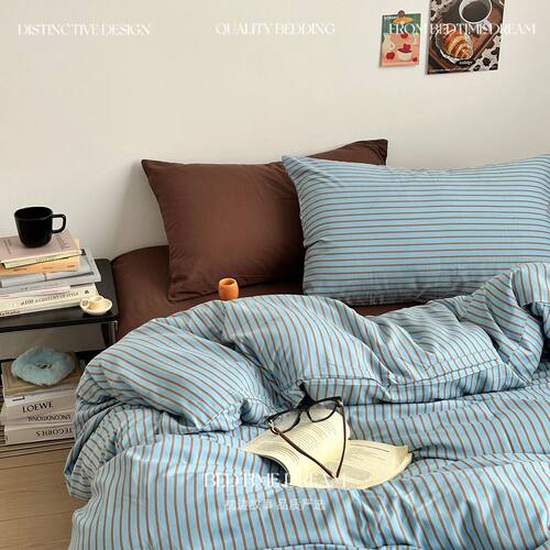 简约蓝咖条纹四件套床上用品亲肤柔软裸睡学生宿舍被套床单三件套