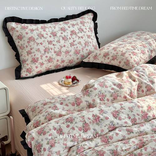 法式复古玫瑰花边水洗棉床上四件套纯棉田园风被套学生床单三件套
