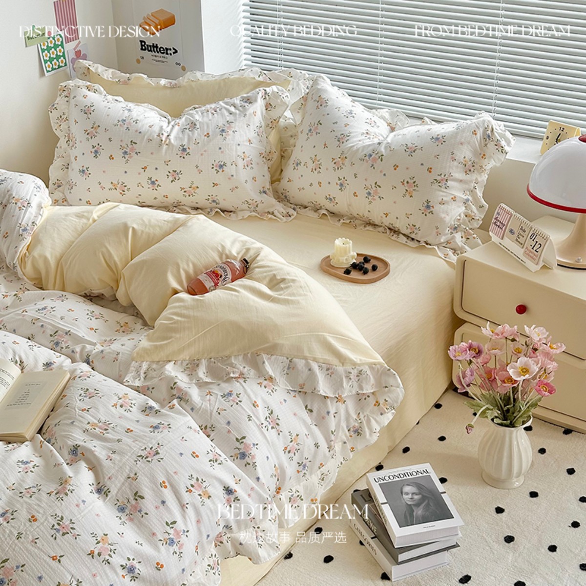 ins小碎花四件套花边水洗棉夏季双人被套床笠床单人学生三件套1.5