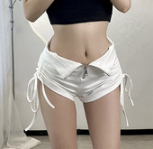 女辣妹性感紧身提臀热裤 新款 白色抽绳褶皱拉链高腰休闲短裤