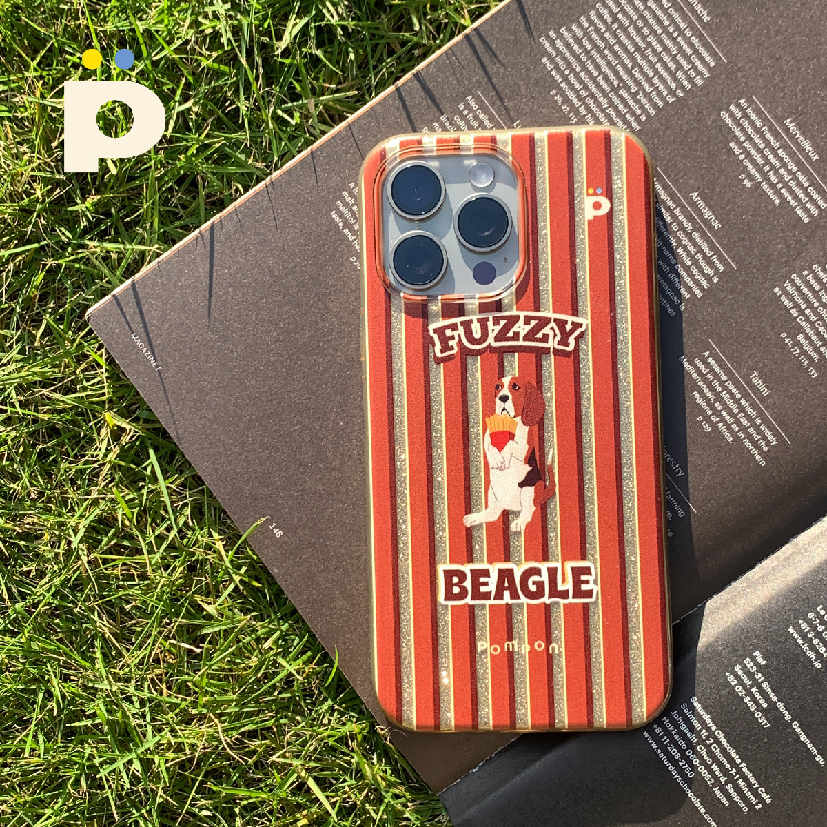 POMPON原创棕色条纹比格犬复古闪金粉美拉德双层手机壳艺图案小众适用苹果iphone15系列