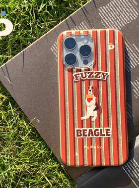 POMPON原创棕色条纹比格犬复古闪金粉美拉德双层手机壳艺图案小众适用苹果iphone15系列