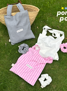 POMPONhome钻钻包时髦烫钻闪闪格雷条纹布包轻盈单肩手提帆布包