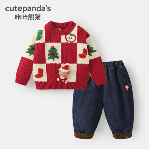 咔咔熊猫男童圣诞套装儿童圆领毛衣加绒裤子婴儿冬装宝宝新年衣服