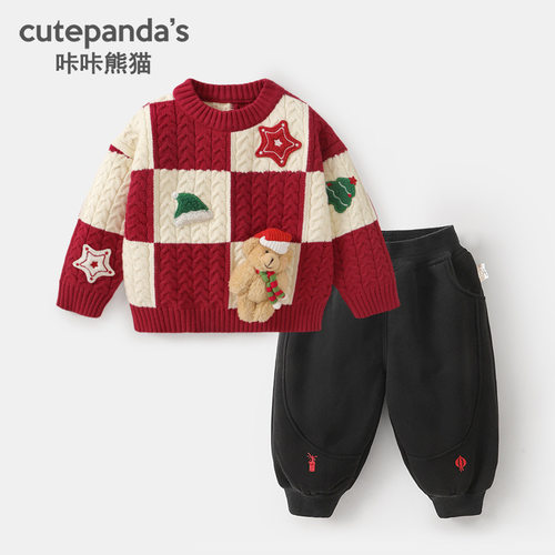 咔咔熊猫男童毛衣加绒裤子儿童圣诞套装婴儿冬装宝宝过年保暖衣服