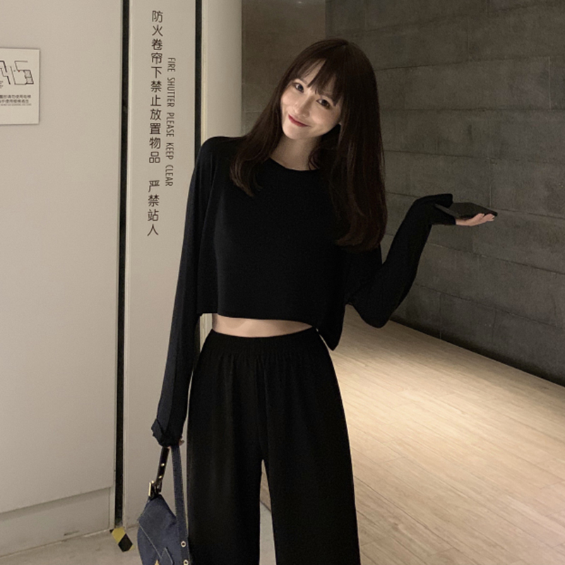 10-20新券轻薄防晒长袖短款漏肚脐T恤女秋季2019新款宽松显瘦纯色百搭上衣