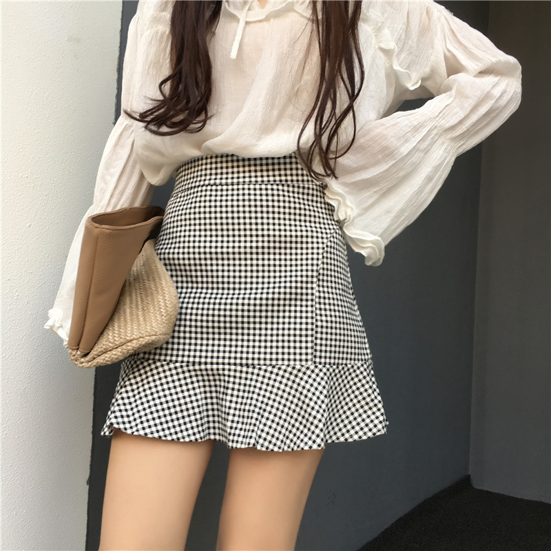 格子半身裙女2020夏季新款荷叶边A字短裙高腰修身显瘦包臀鱼尾裙