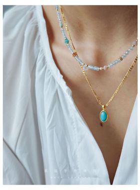 天然锁骨项链原创海蓝宝天然石