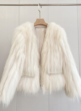 2023秋冬新款貉子毛车条重工网红编织短款小香风皮草外套女v领