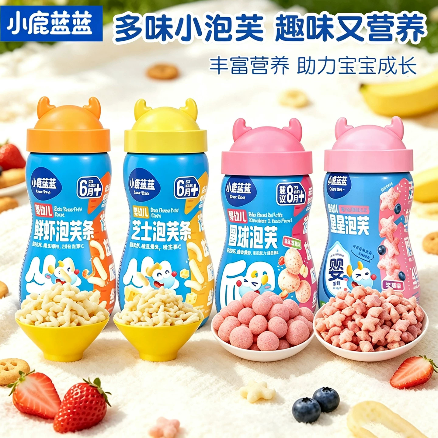 小鹿蓝蓝婴幼儿泡芙宝宝鲜虾泡芙条零食手指泡芙星星泡芙宝宝辅食