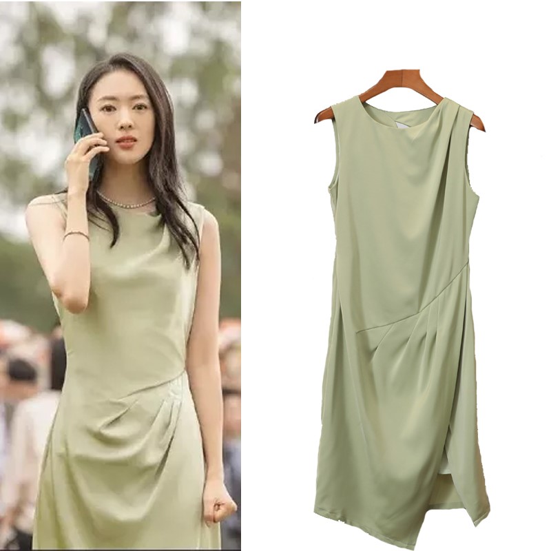 女装三十而已童瑶顾佳同款无袖果绿色缎面连衣裙女名媛百搭小礼服