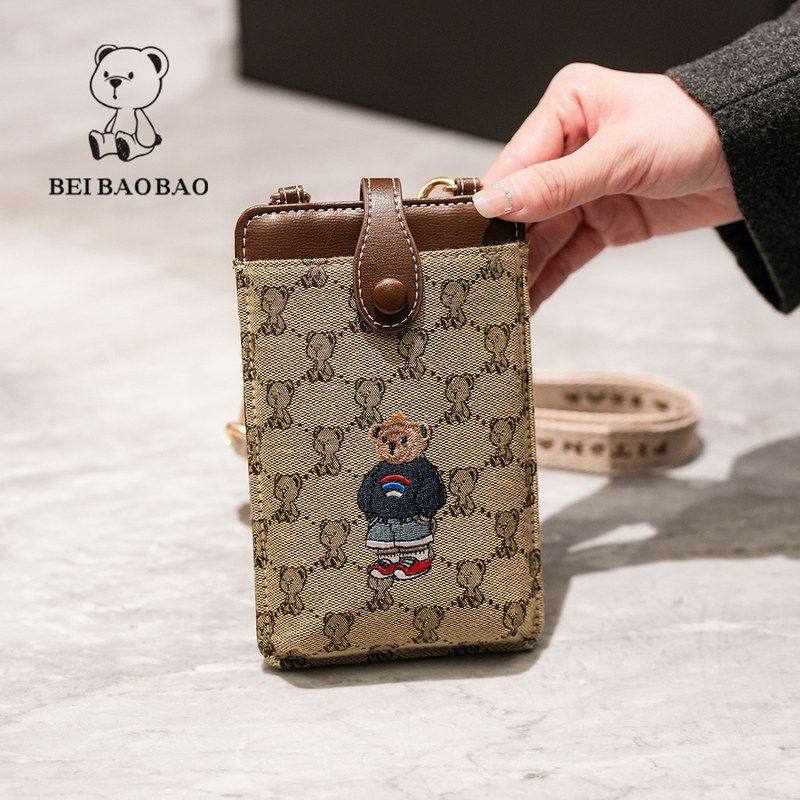 2025新款小熊刺绣帆布女包迷你竖款卡通手机包钱包单肩斜挎小包包
