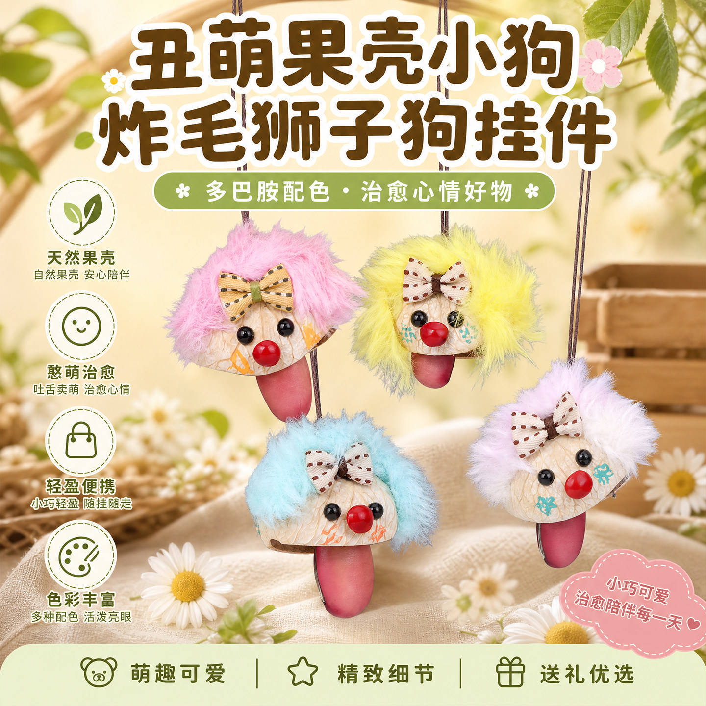 丑萌果壳小狗炸毛狮子狗挂件手工DIY书包钥匙卡套学生可爱小挂饰