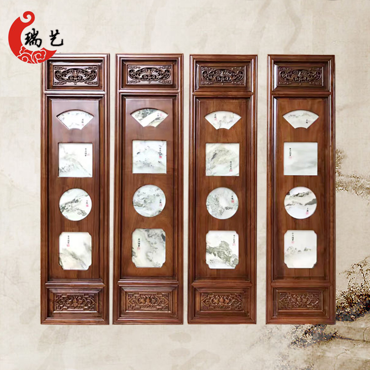 东阳木雕大理石画挂屏新中式挂件客厅沙发背景 香樟木雕刻四条屏
