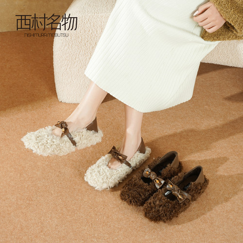 西村名物毛绒蝴蝶结玛丽珍鞋