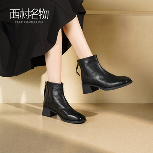 西村名物2025秋冬新款女士百搭粗跟高跟方头短靴法式瘦瘦靴羊皮