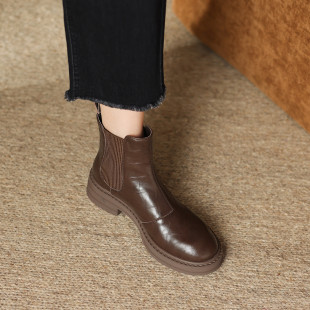 西村名物欧美复古加绒保暖短靴2025秋冬新款圆头粗跟百搭切尔西靴