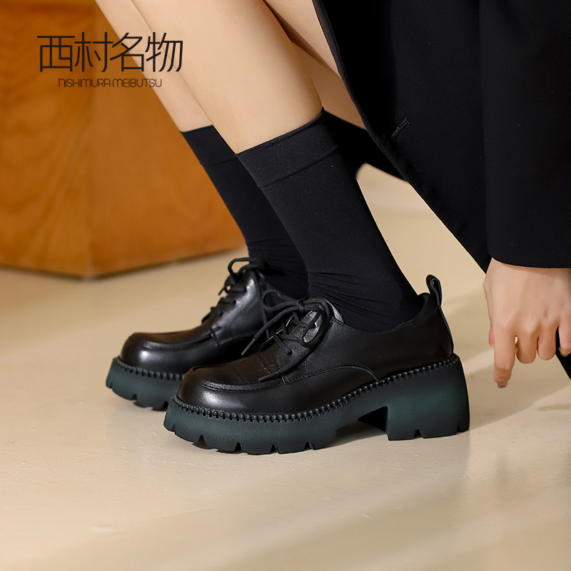 西村名物英伦风厚底增高乐福鞋女真皮软底不累脚小皮鞋德比鞋