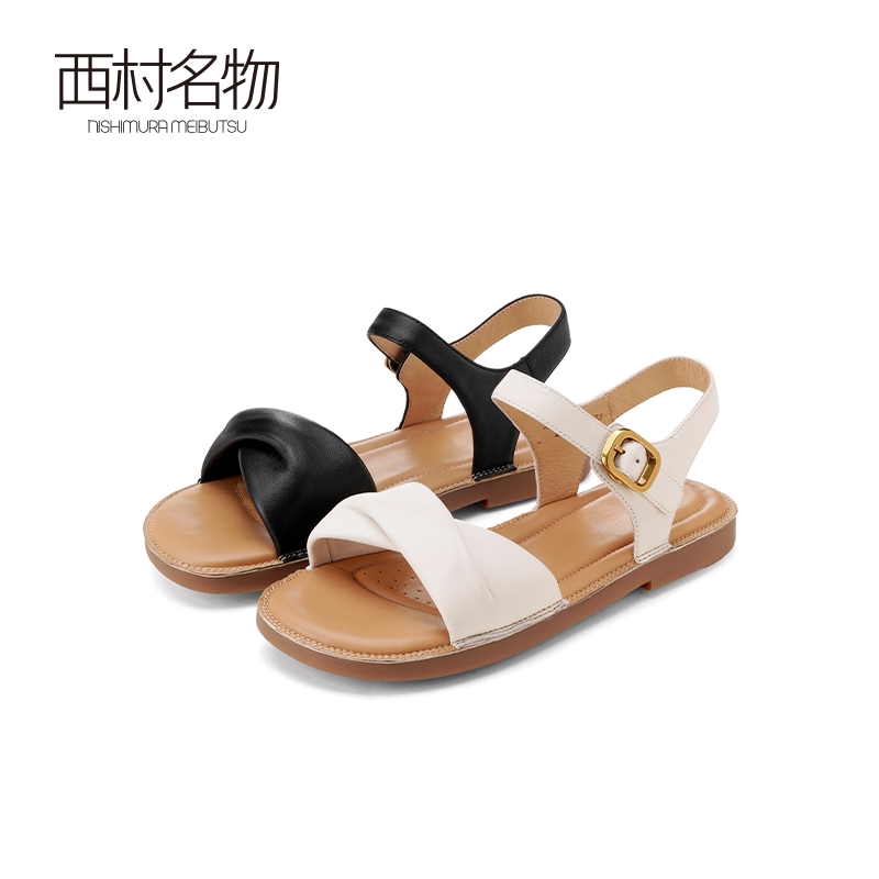 西村名物2025夏季新款气质百搭平底软底绑带羊皮凉鞋一字带女鞋