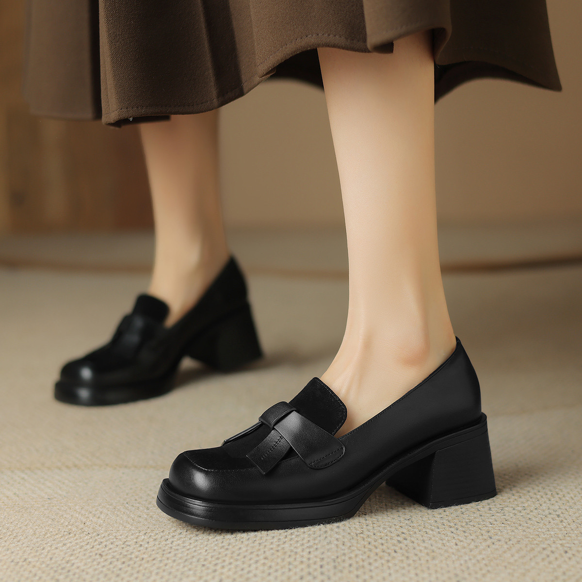 圆头乐福鞋女真皮深口单鞋