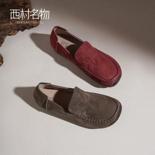 西村名物复古风真皮乐福鞋女一脚蹬懒人鞋百搭休闲豆豆鞋