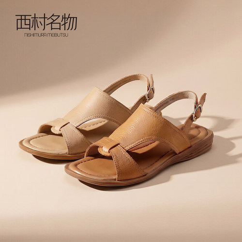 西村名物真皮平底舒适罗马凉鞋