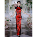 黑红色竹子显瘦表演旗袍 新中式 江南春天新款 高端走秀演出复古长款