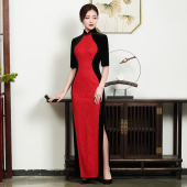 高端年轻款 中式 黑色长款 春夏款 表演礼服女 中袖 走秀旗袍2025年新款