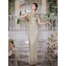 日常可穿复古改良长款 香槟色高端刺绣贴花走秀旗袍 旗袍2025年新款