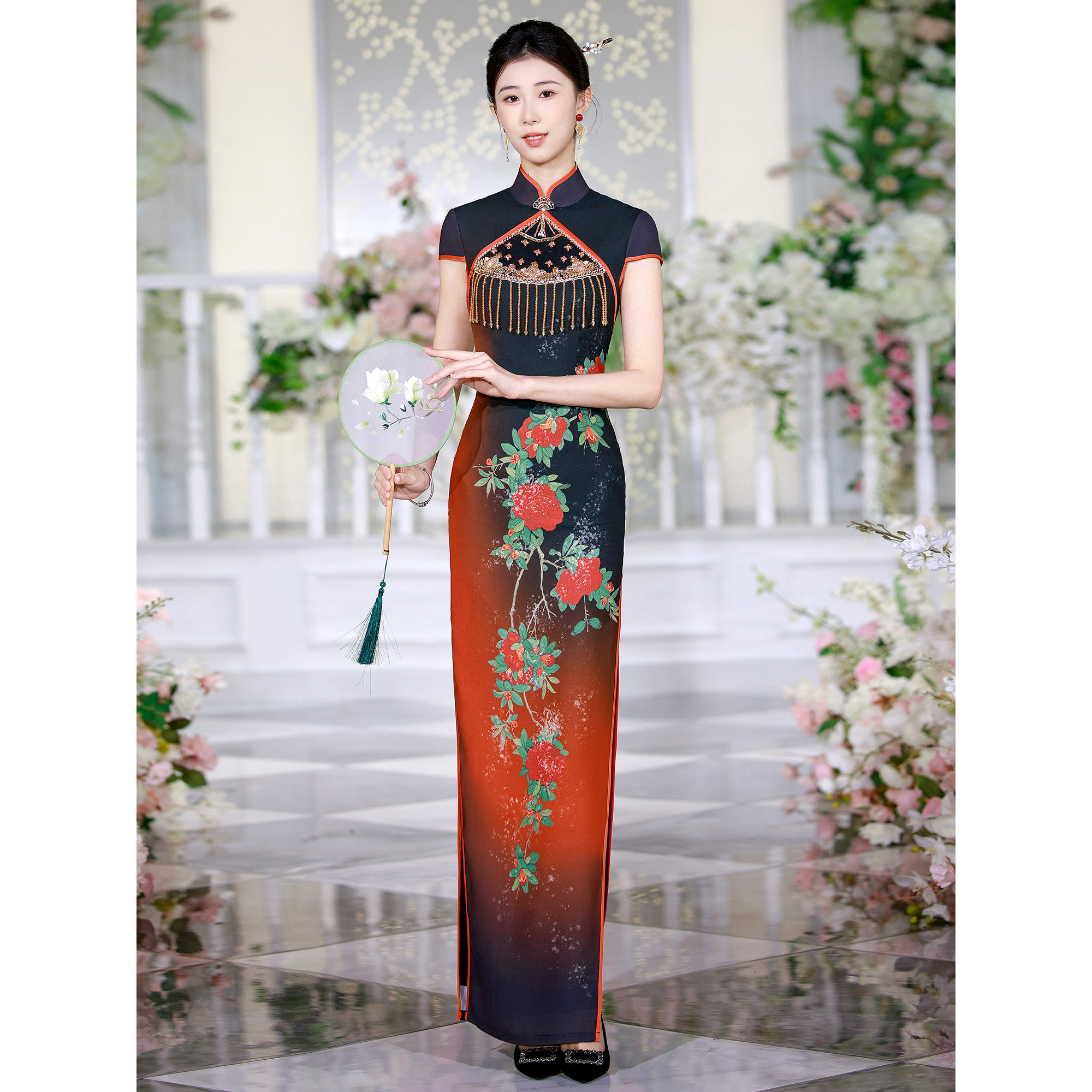 走秀旗袍高端大气长款演出服