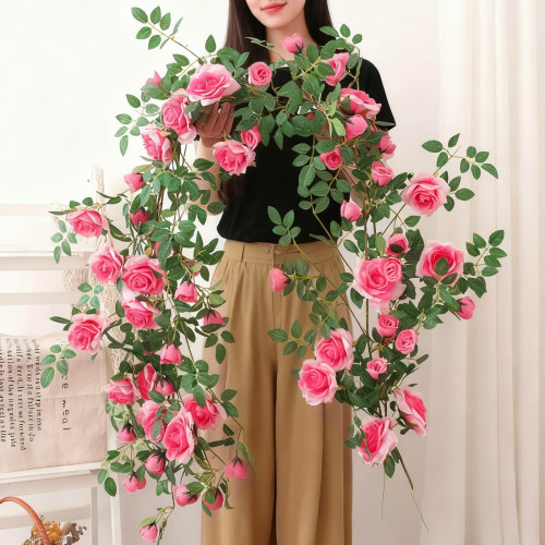 仿真玫瑰花藤假花塑料藤条空调管道缠绕藤蔓装饰遮挡花条墙面植物