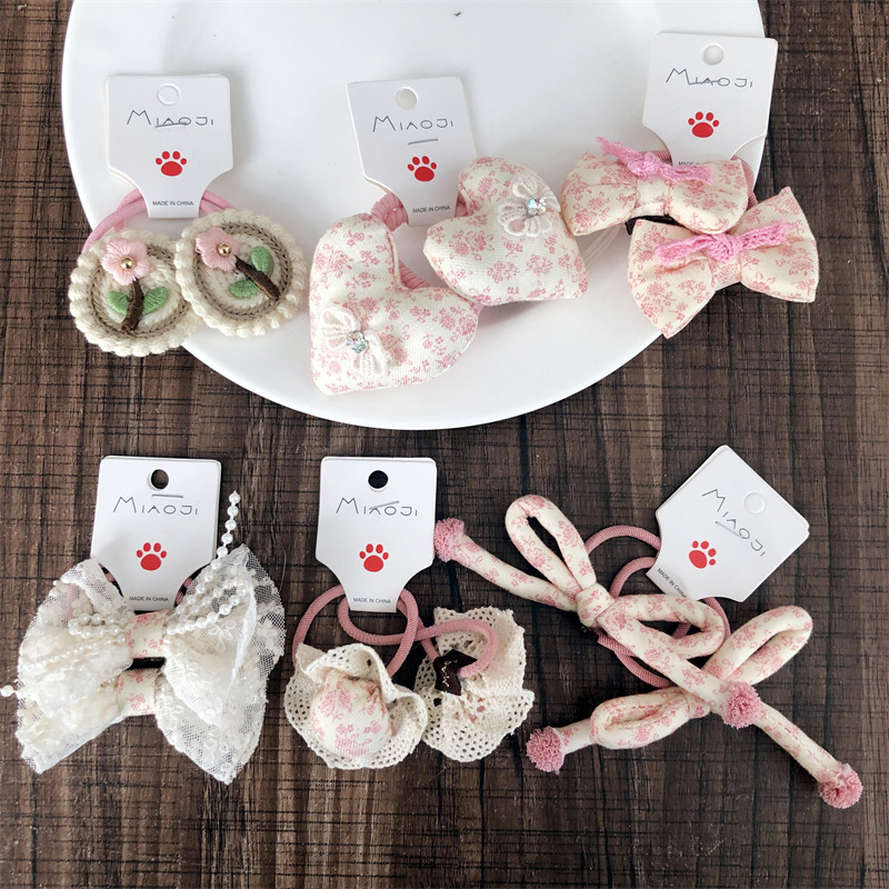 韩版儿童蕾丝打结花朵发绳 女童粉色珍珠蝴蝶结头绳发饰品