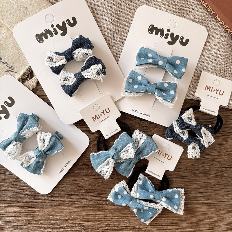 韩版甜美波点牛仔蕾丝蝴蝶结发绳头绳女孩百搭侧边刘海发夹压夹