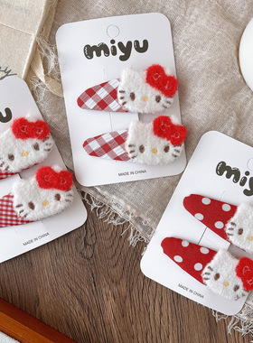 可爱卡通红色猫咪女孩侧边刘海格纹bb夹百搭心波点发夹发饰