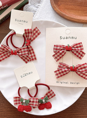 韩版甜美红色格子蝴蝶结发夹发绳儿童百搭樱桃侧边压夹女童发绳