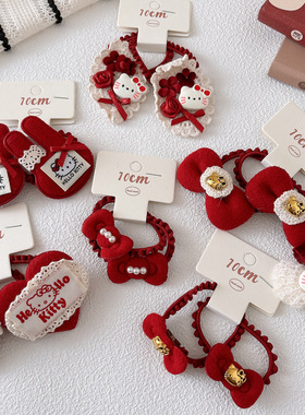 韩版甜美植绒红色蝴蝶结儿童花边发圈发绳女童喜庆可爱皮筋发饰