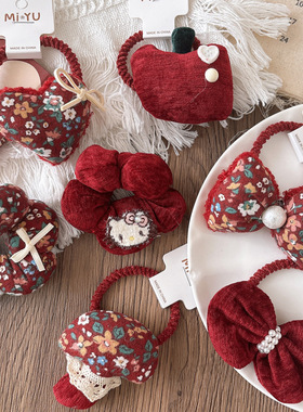 韩版新款红色碎花丝绒儿童布艺肠圈花苞发圈甜美蝴蝶结新年发饰