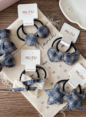 韩版早秋深蓝格纹蝴蝶结女孩高弹力皮筋发圈百搭少女甜美星星发绳