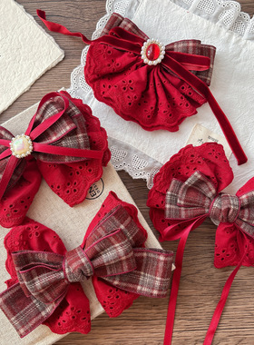 大号新款红色蕾丝蝴蝶结女孩发夹新年喜庆大红飘带发卡顶夹