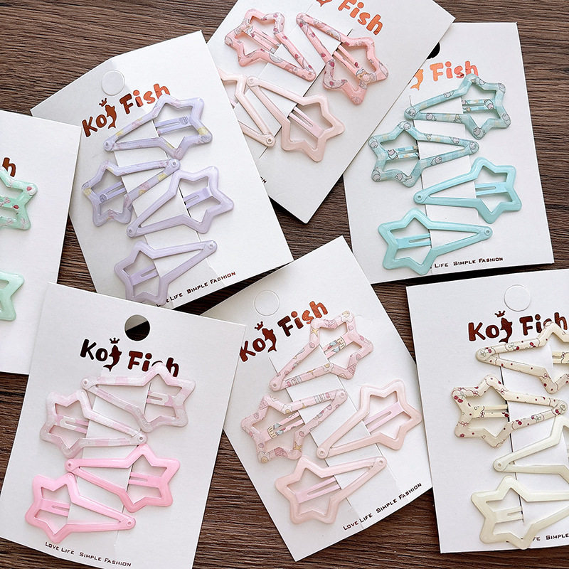 4个 甜美滴油印花女孩星星发夹镂空百搭大号儿童刘海bb夹基础发卡