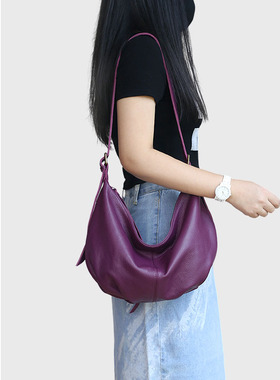 新款 紫色女包头层牛皮简约时尚单肩斜挎包大容量软皮春夏季新款