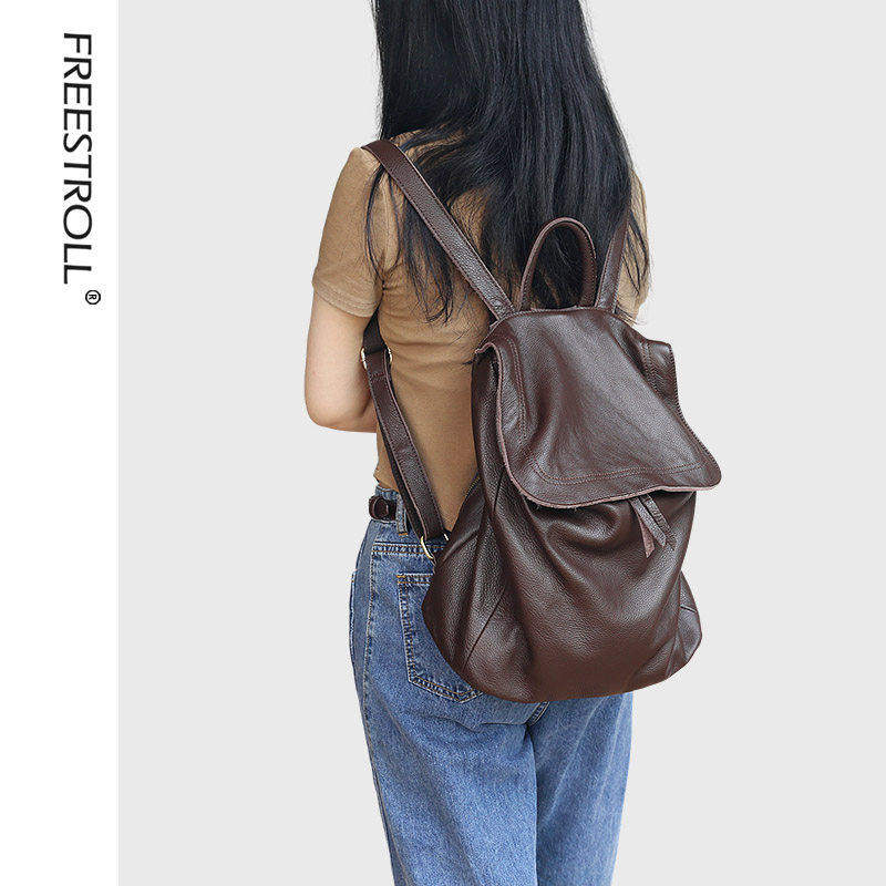 松弛感慵懒风软皮双肩女背包头层牛皮旅行出差背囊文艺复古休闲
