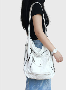 夏季白色时尚流行托特包机车多口袋单双肩斜挎慵懒松弛感一包三用