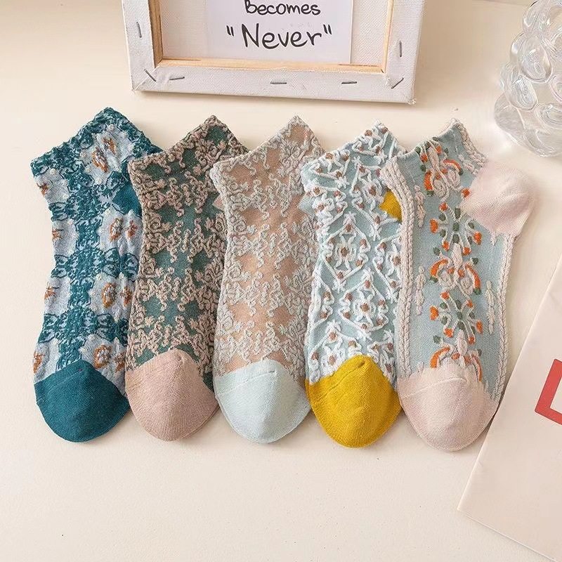 五双装短袜春秋夏季薄款ins潮百搭日系棉袜宫廷复古文艺学生船袜