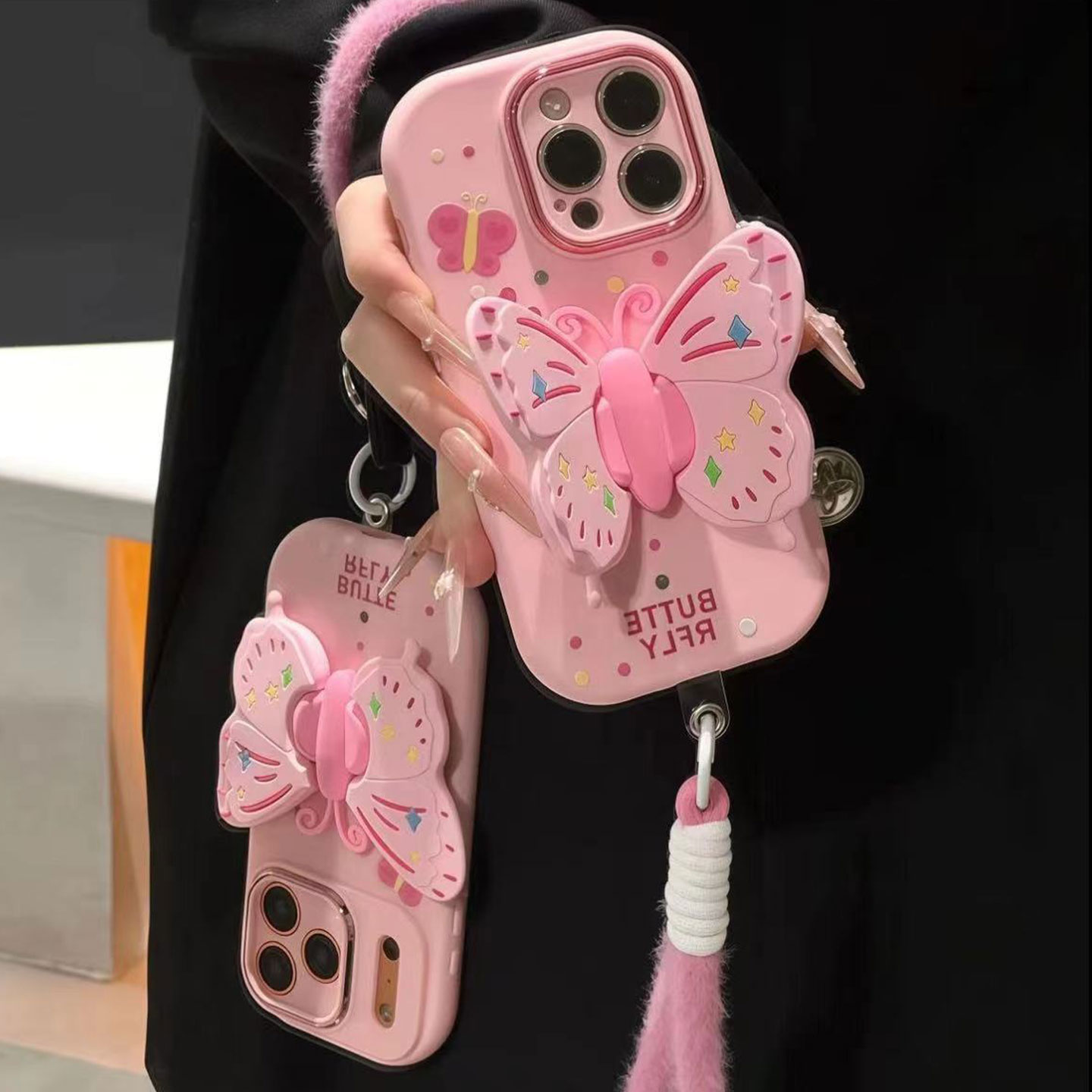 立体蝴蝶支架挂绳新款适用苹果17Pro手机壳iPhone16max12小米15华为mate80pura70k60nova14荣耀300x200note13